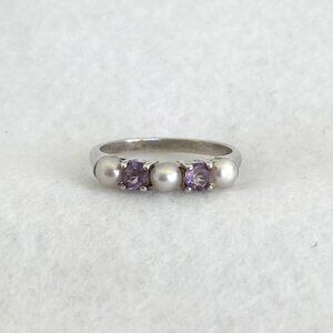 Sterling Silver 925 Multi Gemstone Round Amethyst Genuine Pearl Band Ring Sz 7